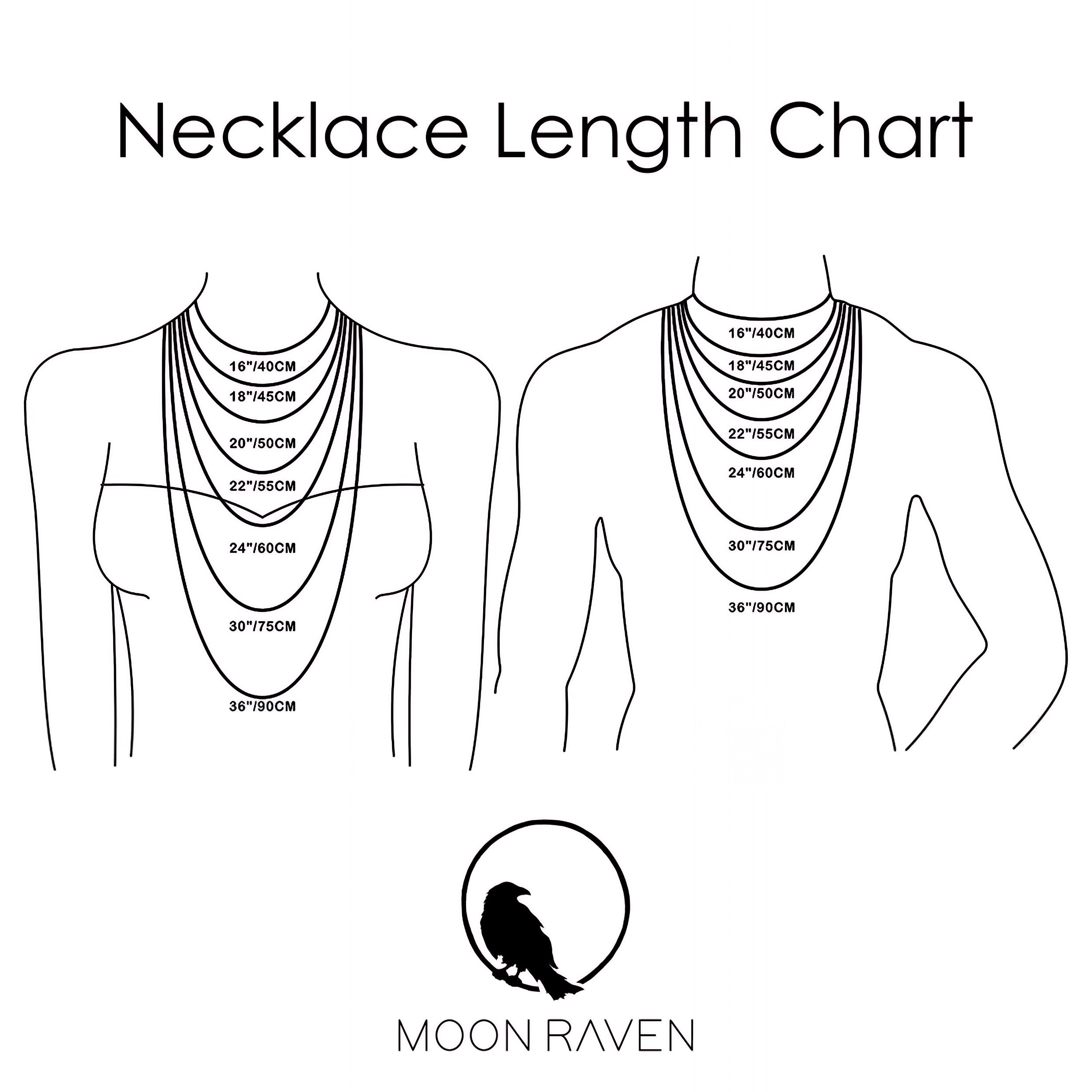 The image is a necklace length chart that provides measurements for various necklace lengths, including 24, 30, and 36 centimeters.