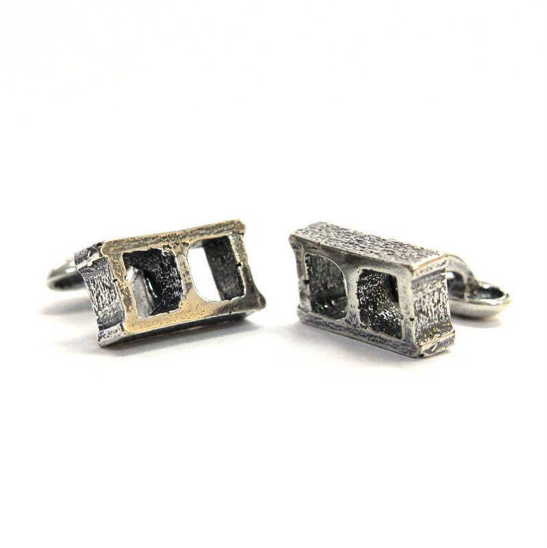 Silver Cinder Block Cufflinks - Unisex Suit Accessory Gift - One Piece Solid Cast Silver Plated Bronze