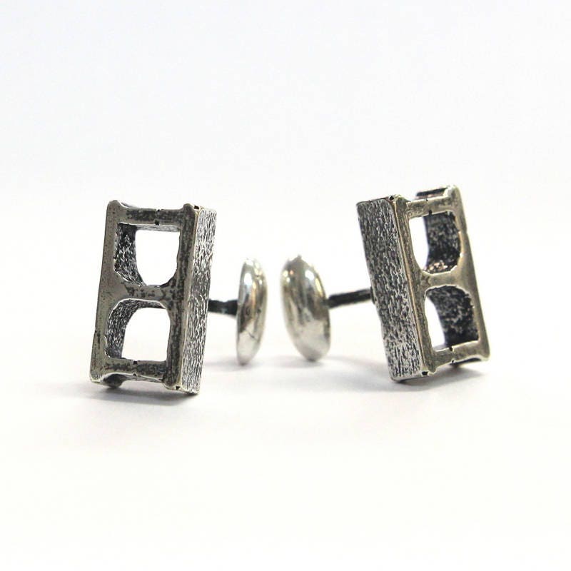 Silver Cinder Block Cufflinks - Unisex Suit Accessory Gift - One Piece Solid Cast Silver Plated Bronze