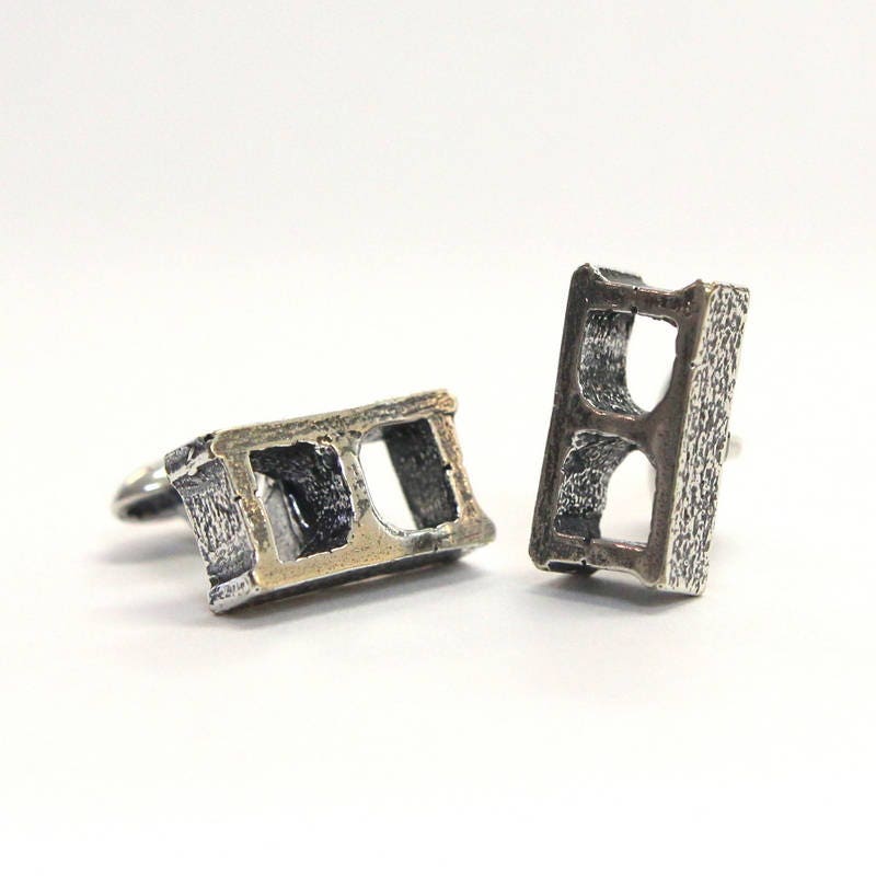 Silver Cinder Block Cufflinks - Unisex Suit Accessory Gift - One Piece Solid Cast Silver Plated Bronze