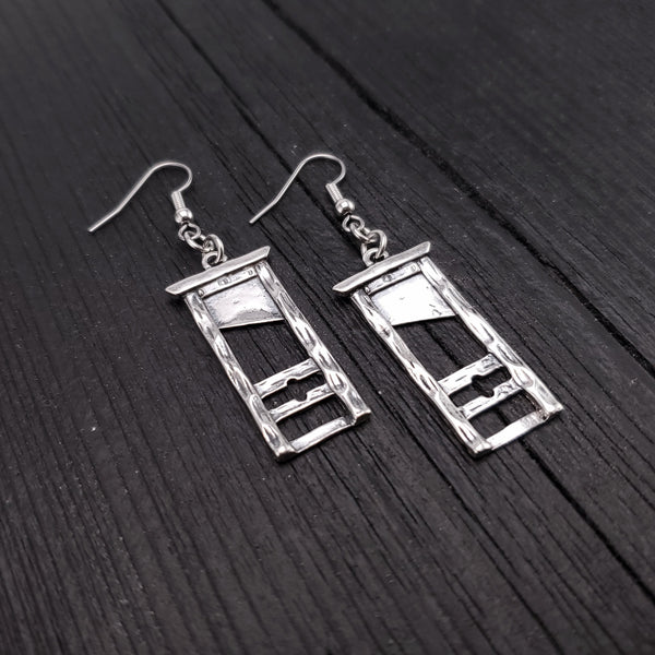 Guillotine Earrings - Solid Hand Cast 925 Sterling Silver - Polished Oxidised Finish - Highly Detailed - Statement Jewelry Gift for Her