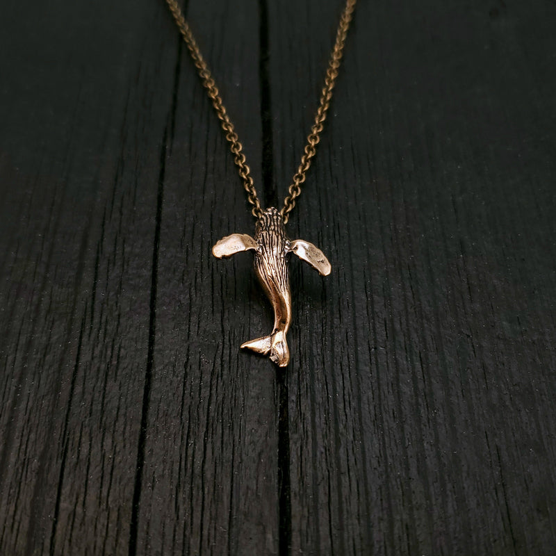 Whale Charm Pendant Necklace - Solid Hand Cast Bronze Breaching Humpback - Jewelry Gift for Him or Her