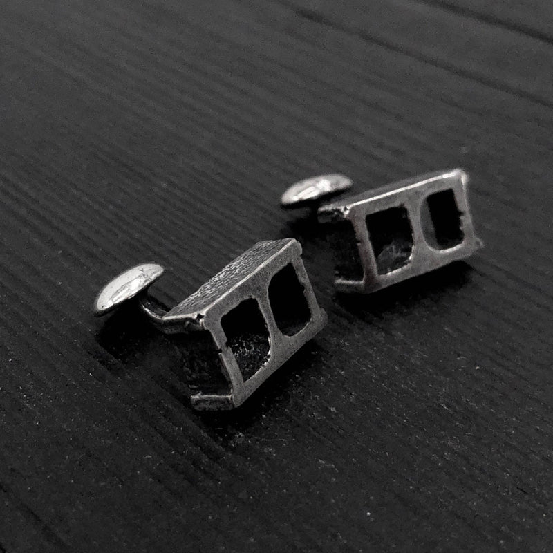 Silver Cinder Block Cufflinks - Unisex Suit Accessory Gift - One Piece Solid Cast Silver Plated Bronze