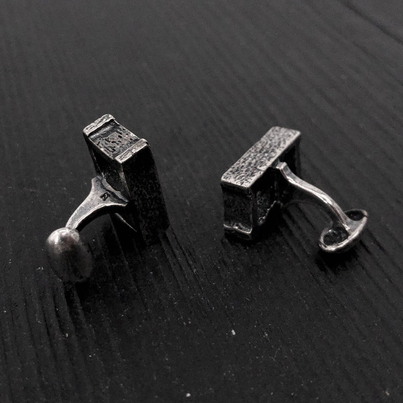 Silver Cinder Block Cufflinks - Unisex Suit Accessory Gift - One Piece Solid Cast Silver Plated Bronze