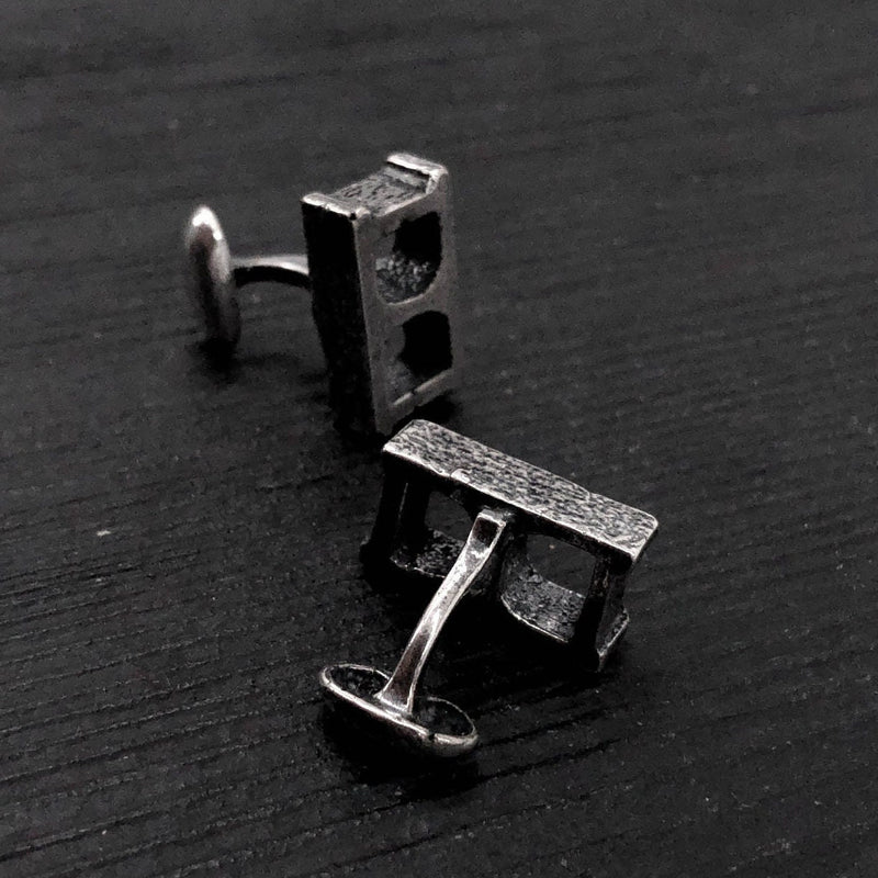 Silver Cinder Block Cufflinks - Unisex Suit Accessory Gift - One Piece Solid Cast Silver Plated Bronze