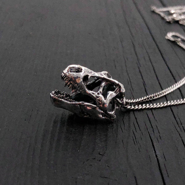 Silver T-Rex Skull Pendant Necklace in Solid Hand Cast Sterling Silver - Tyrannosaurus Rex - Rare and Unique Dinosaur Jewelry