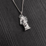 Chess Knight Necklace - Sterling Silver 3D Horse Head Pendant with Oxidized Finish