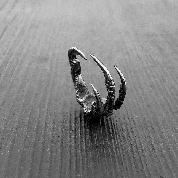 Raven Claw Talon Wrap Ring - Solid Hand Cast Silver Plated White Bronze - Crow Foot Statement Jewelry