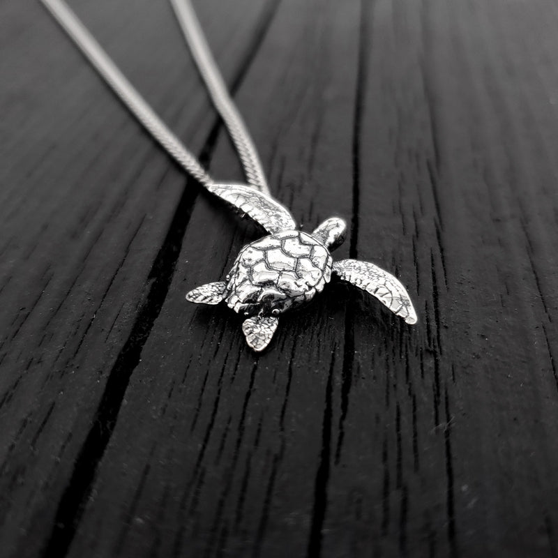 Sea Turtle Charm Pendant Necklace - Solid Cast 925 Sterling Silver - Polished Oxidized Finish - Multiple Chain Lengths - Unisex Turtle Gift