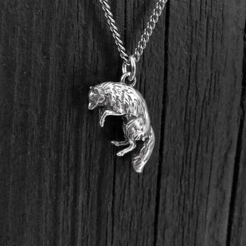 Pouncing Arctic Fox Pendant Necklace in Solid Sterling Silver - Gift For Him or Her - Unique Nature Inspired Forest Creature Jewelry